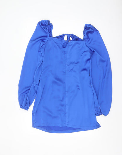PrettyLittleThing Women’s Blue Satin Bodycon Dress UK 14 Long Sleeve