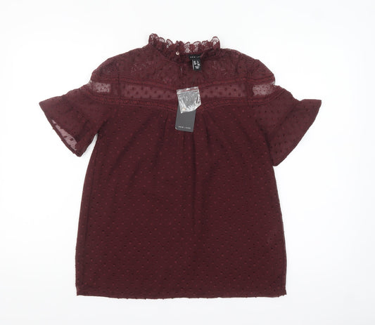 New Look Women’s Red Lace High Neck Short Sleeve Blouse Size 6