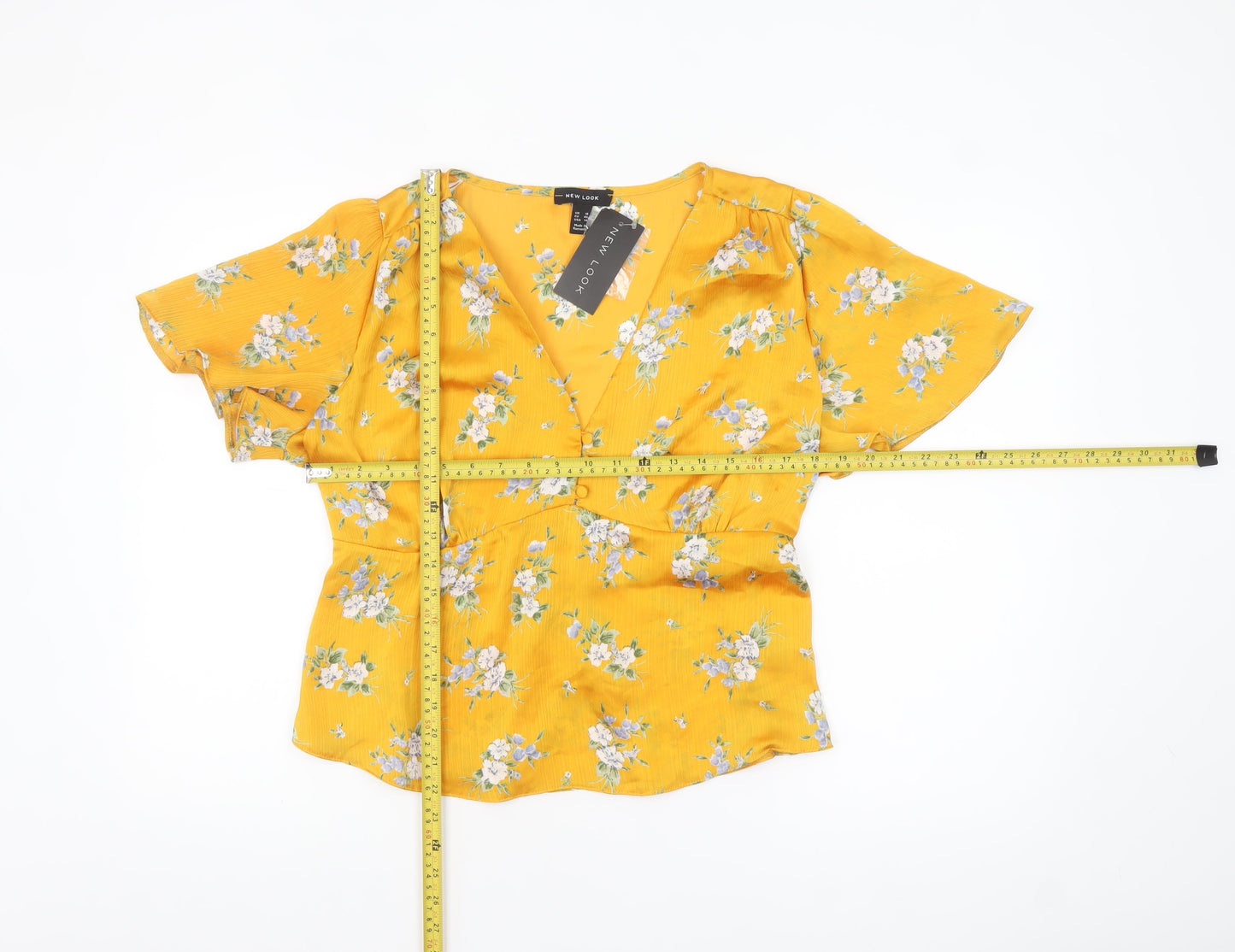 New Look Women's Yellow Floral Wrap Blouse Size 18 Short Sleeve