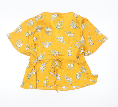 New Look Women's Yellow Floral Wrap Blouse Size 18 Short Sleeve