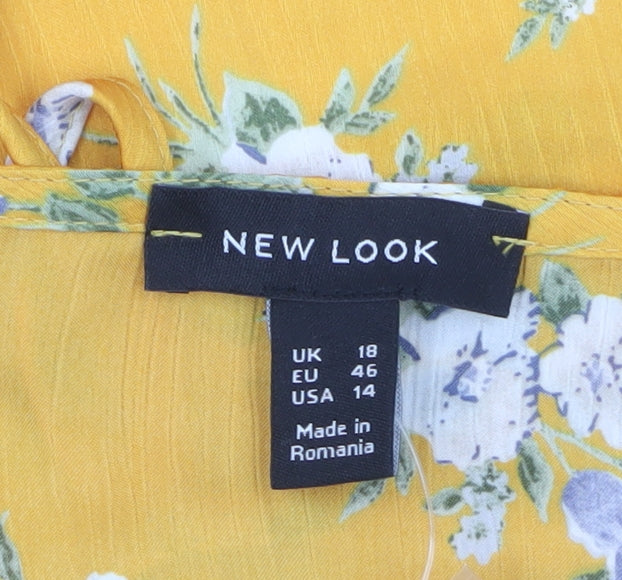 New Look Women's Yellow Floral Wrap Blouse Size 18 Short Sleeve