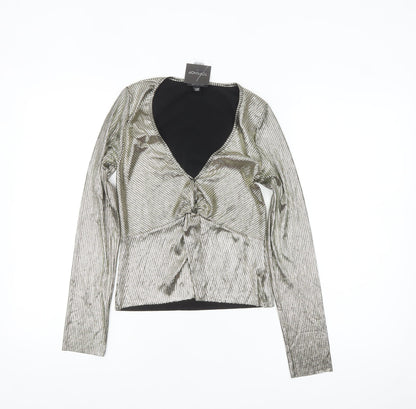 Topshop Womens Gold Metallic Wrap Blouse Size 4 Long Sleeve Party Top