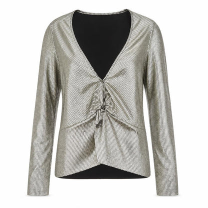 Topshop Womens Gold Metallic Wrap Blouse Size 4 Long Sleeve Party Top
