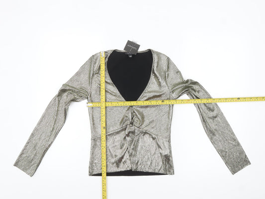 Topshop Womens Gold Metallic Wrap Blouse Size 4 Long Sleeve Party Top