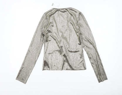 Topshop Womens Gold Metallic Wrap Blouse Size 4 Long Sleeve Party Top