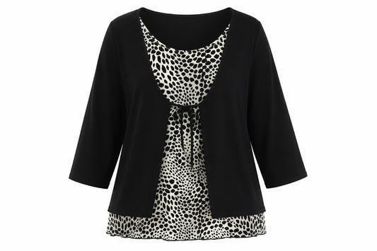Front view of Saloos women’s black animal print tunic blouse xl