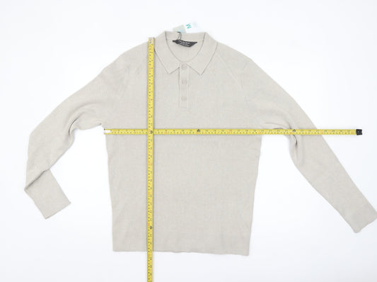 Primark Men Beige Collared Henley Jumper Medium