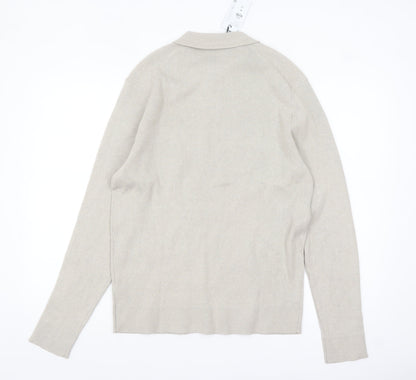 Primark Men Beige Collared Henley Jumper Medium