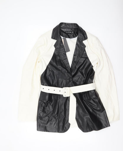 PrettyLittleThing Women's Black White Faux Leather Belted Blazer UK 10