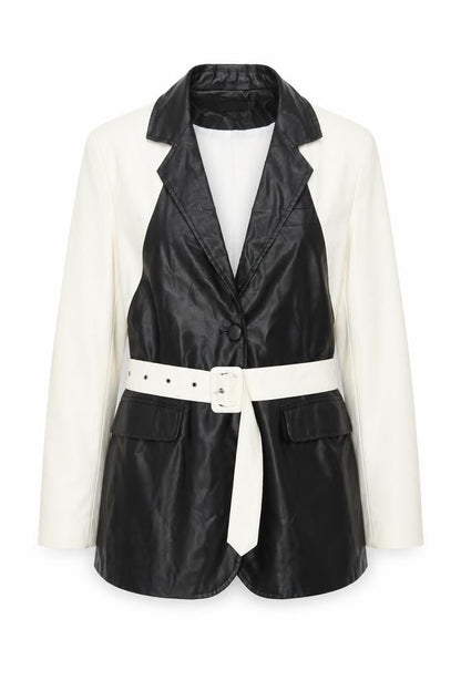 PrettyLittleThing Women's Black White Faux Leather Belted Blazer UK 10