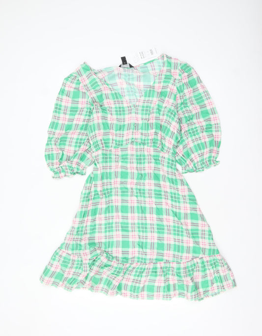 New Look Women's Multicoloured Check Puff Sleeve A-Line Dress Size 12