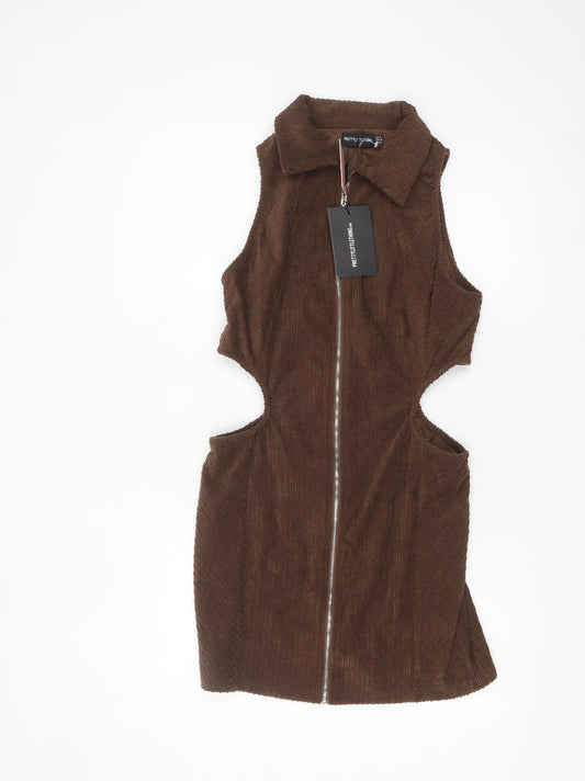 PrettyLittleThing Women Brown Corduroy Sleeveless Collared Bodycon Mini Dress Size 14