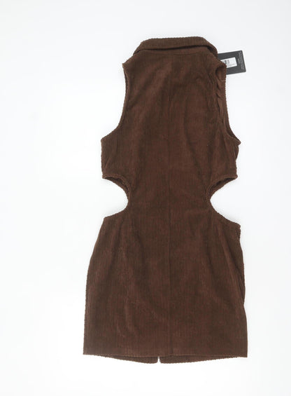 PrettyLittleThing Women Brown Corduroy Sleeveless Collared Bodycon Mini Dress Size 14
