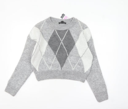 Primark Women’s Grey Argyle Knit Crew Neck Jumper XS