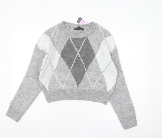 Primark Women’s Grey Argyle Knit Crew Neck Jumper XS