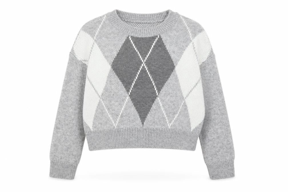 Primark Women’s Grey Argyle Knit Crew Neck Jumper XS