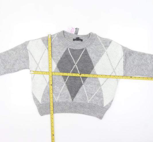 Primark Women’s Grey Argyle Knit Crew Neck Jumper XS