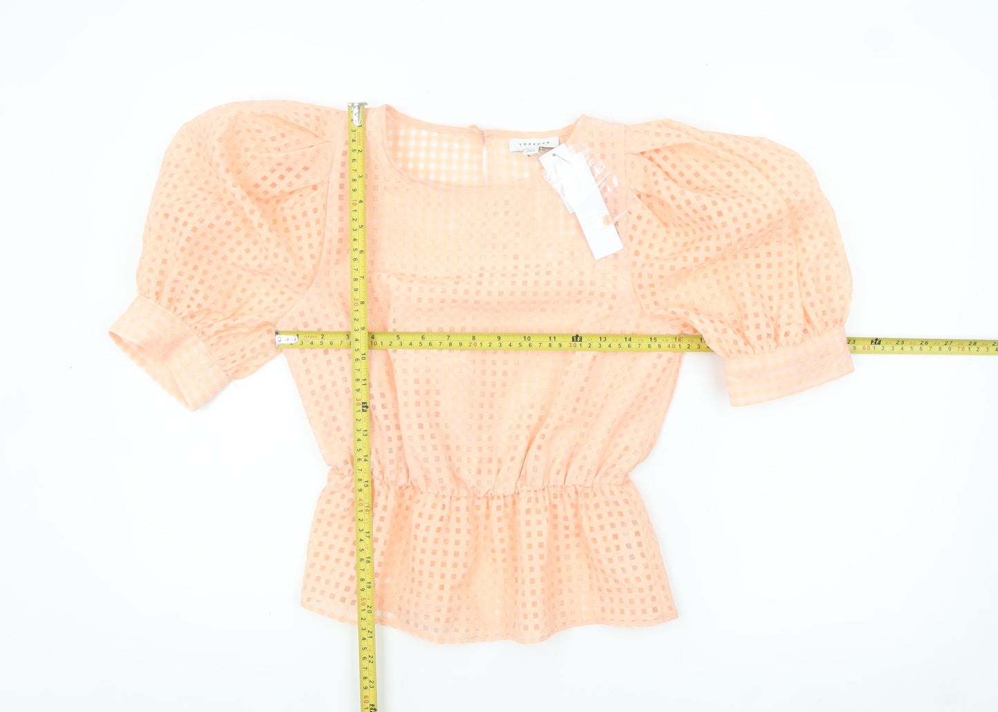 Topshop Women’s Peach Check Puff Sleeve Tunic Blouse UK 6