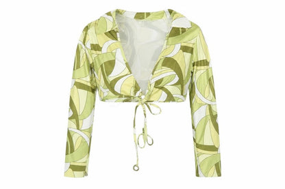 Boohoo Women's Green Geometric Cropped Tie Blouse UK 12