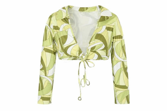 Boohoo Women's Green Geometric Cropped Tie Blouse UK 12
