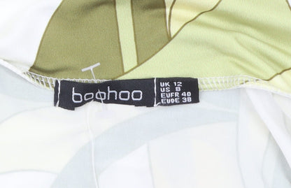 Boohoo Women's Green Geometric Cropped Tie Blouse UK 12