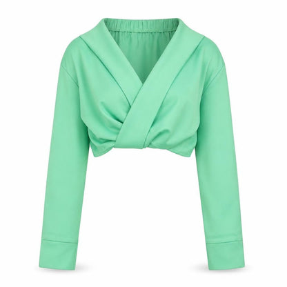 PRETTYLITTLETHING Women’s Green Cropped Long Sleeve V-Neck Blouse UK 4