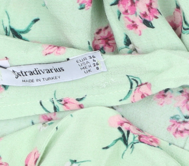 Stradivarius Women’s Green Floral A-Line Skirt Size 8 Zip Viscose
