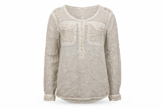 Front view of s.Oliver Women’s Beige Linen Long Sleeve Tunic Blouse, size UK 10
