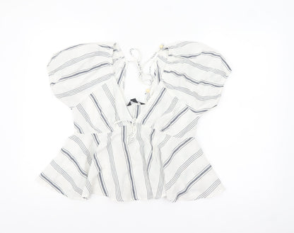 New Look Women White Striped Cotton Cropped Blouse Size 14