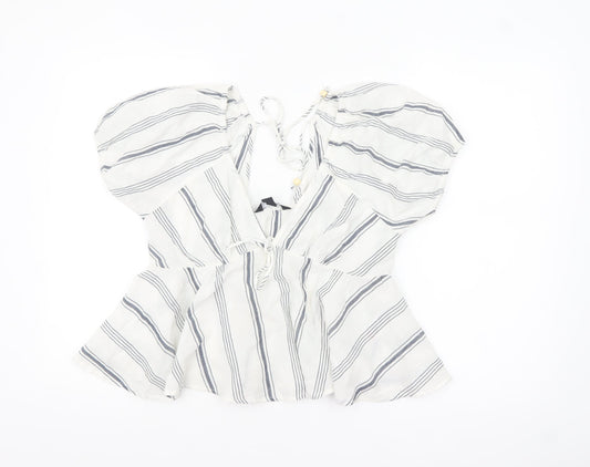 New Look Women White Striped Cotton Cropped Blouse Size 14