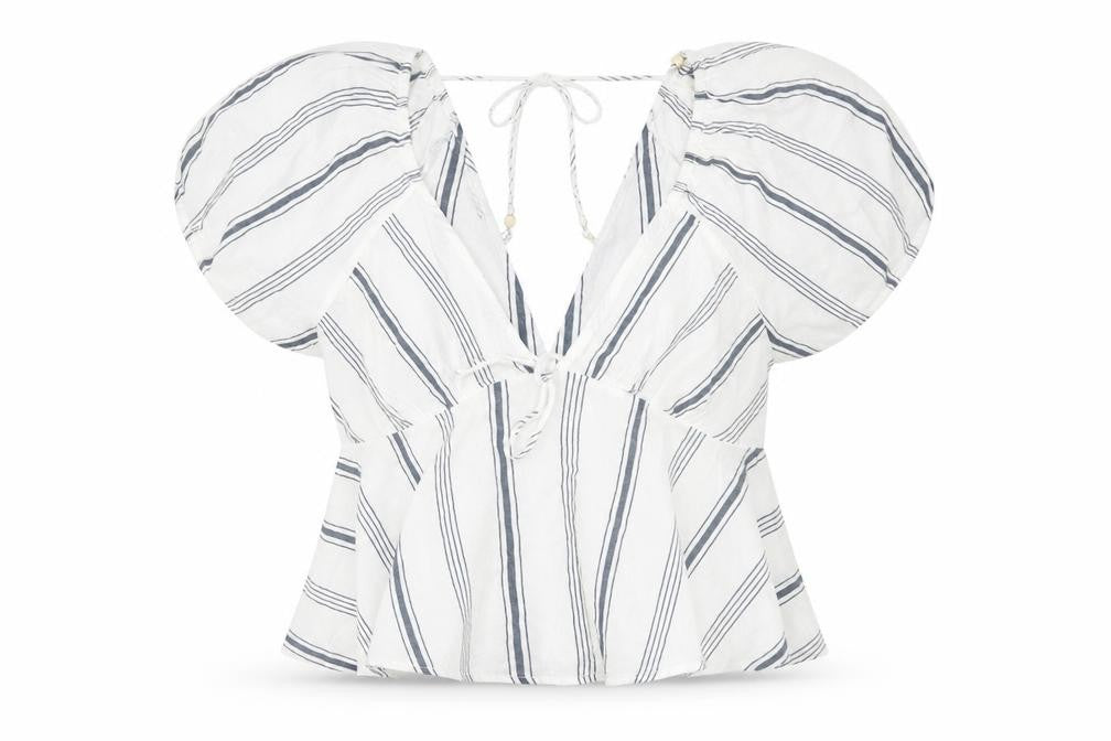 Front view of New Look Women White Striped Cotton Cropped Blouse, size 14