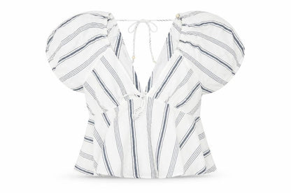 Front view of New Look Women White Striped Cotton Cropped Blouse, size 14