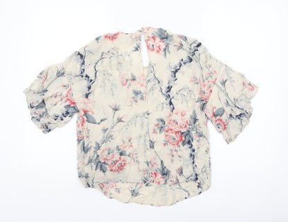 Warehouse Womens Floral Ruffle 3/4 Sleeve Tunic Blouse Size 10 Multicoloured