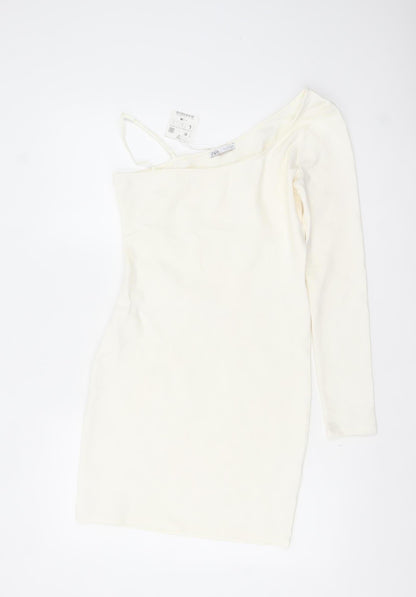 Zara Women Ivory One Shoulder Bodycon Dress Size L