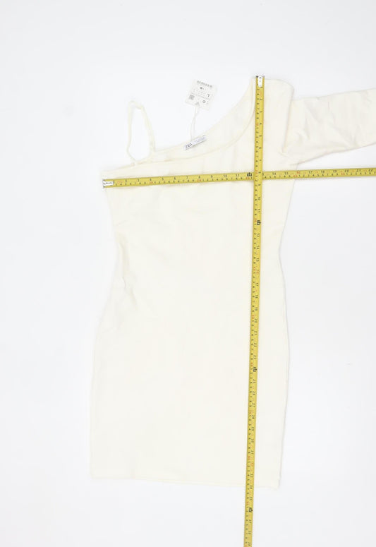 Zara Women Ivory One Shoulder Bodycon Dress Size L