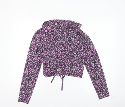 New Look Women’s Floral Collared Cropped Blouse Size 12 Black Pink
