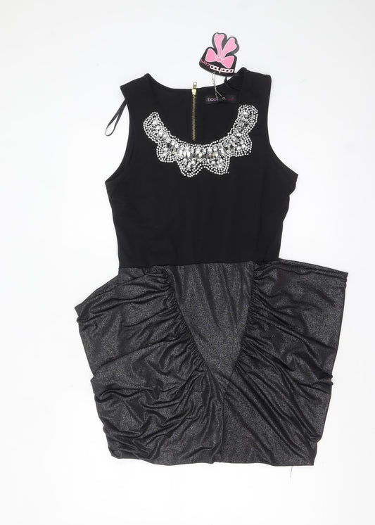 Boohoo Women's Black Size 14 Sleeveless Beaded Bodycon Party Dress