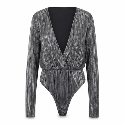 PrettyLittleThing Women Silver Metallic Long Sleeve Bodysuit Size 6