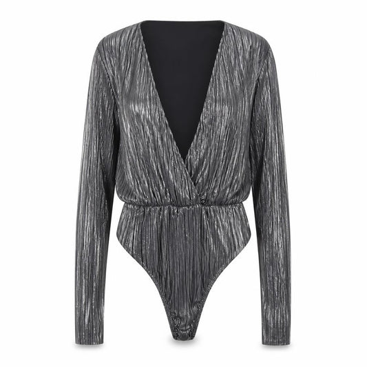 PrettyLittleThing Women Silver Metallic Long Sleeve Bodysuit Size 6