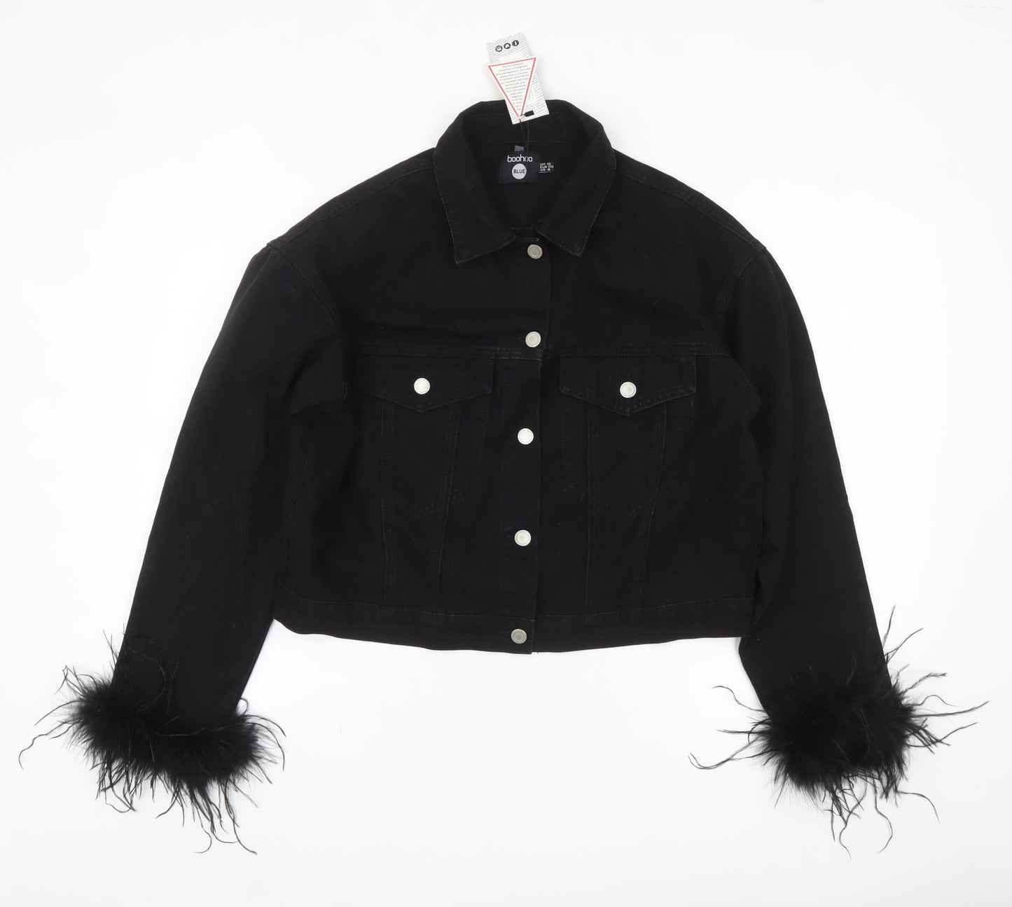 Boohoo Women’s Black Cotton Faux Fur Trim Cropped Denim Jacket Size 12