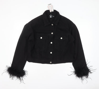 Boohoo Women’s Black Cotton Faux Fur Trim Cropped Denim Jacket Size 12