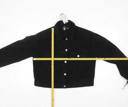 Boohoo Women’s Black Cotton Faux Fur Trim Cropped Denim Jacket Size 12
