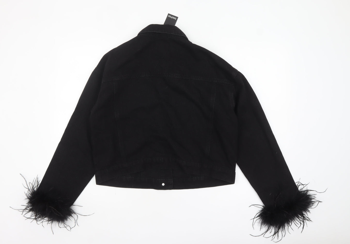 Boohoo Women’s Black Cotton Faux Fur Trim Cropped Denim Jacket Size 12