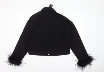 Boohoo Women’s Black Cotton Faux Fur Trim Cropped Denim Jacket Size 12