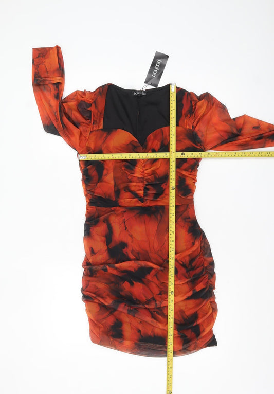 Boohoo Women’s Orange Mesh Tie Dye Bodycon Dress Size 10 Party Cocktail