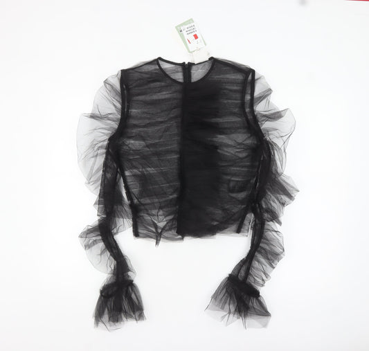 H&M Women’s Black Sheer Ruffle Mesh Long Sleeve Blouse Size 10