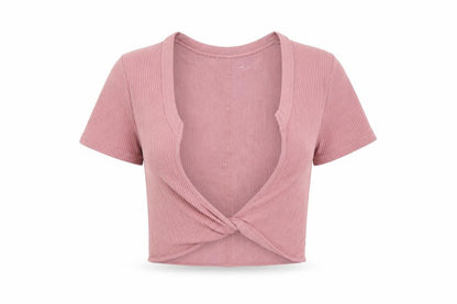 Urban Outfitters Women Pink Cropped Ribbed V-Neck T-Shirt XS