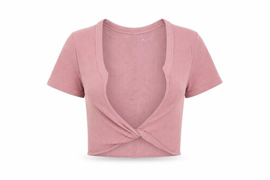 Urban Outfitters Women Pink Cropped Ribbed V-Neck T-Shirt XS