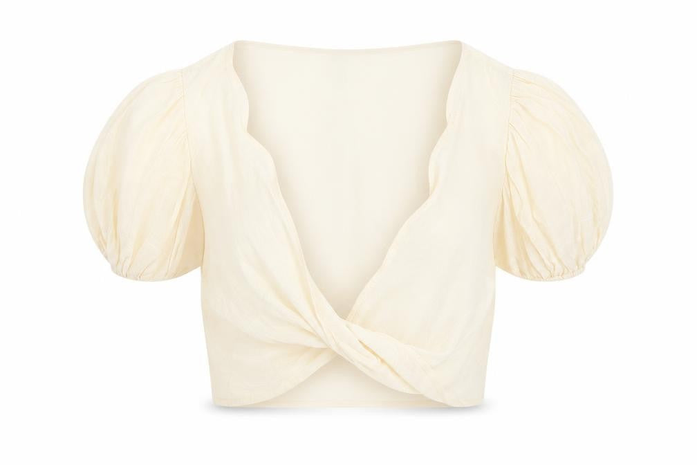 PRETTYLITTLETHING Women's Beige Cropped Puff Sleeve Blouse Size S
