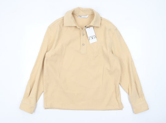 Zara Men's Beige Long Sleeve Polo Shirt Size S Regular Fit
